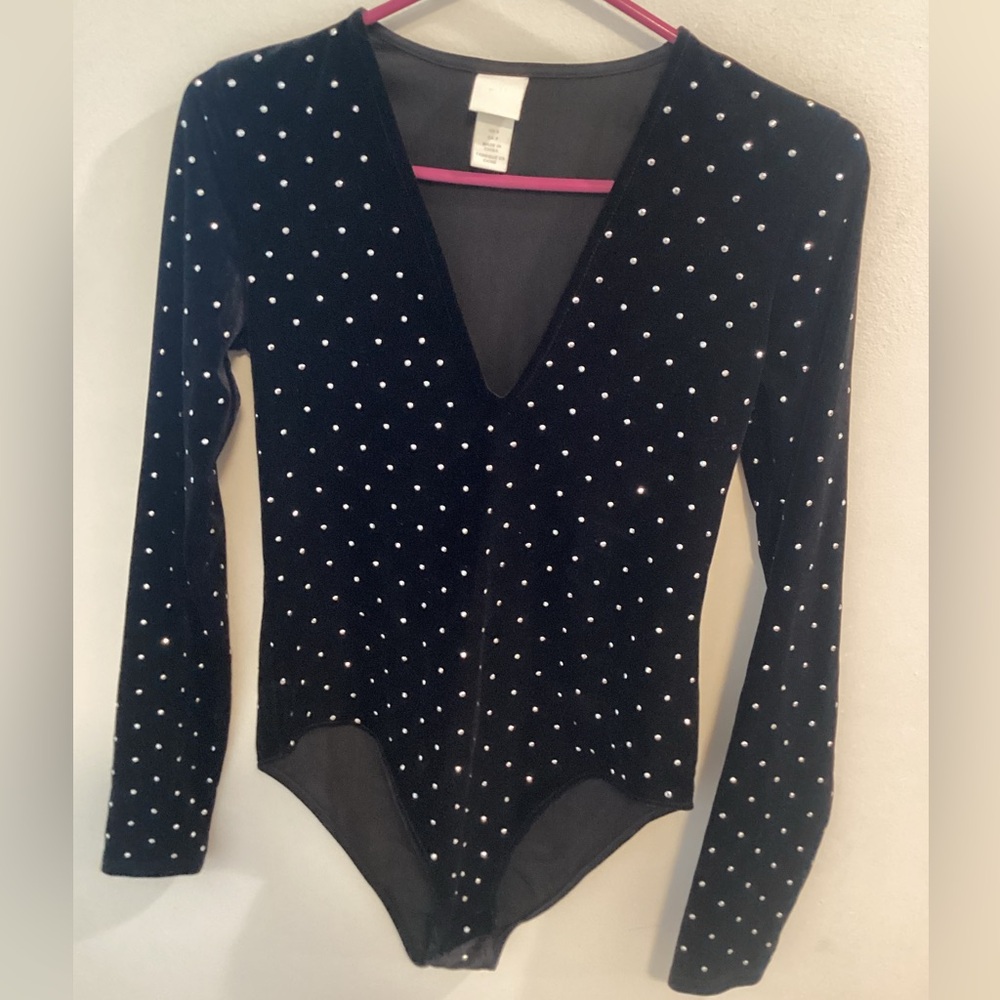 H&M Black Velvet Body Suit With Silver Studs